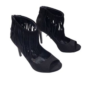 EUC like new Brash women's black fringes fabric top peep toe heeled pumps, 7